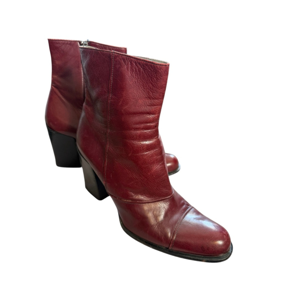 Prada Wine Red Leather Ankle Boots Block Heels EU 39 US 8.5 - Picture 1 of 8